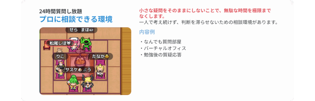 24時間質問し放題、プロに相談できる環境…小さな疑問をそのままにしないことで、無駄な時間を極限まで無くします。