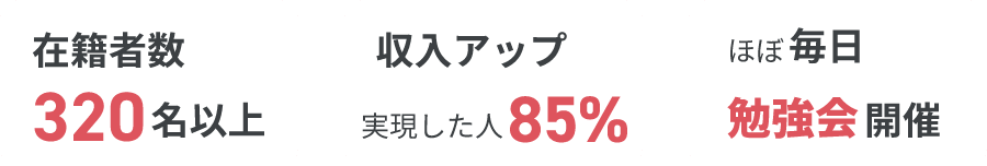 ・在籍者数320名以上
・収入アップ実現した人85%
・ほぼ毎日勉強会開催