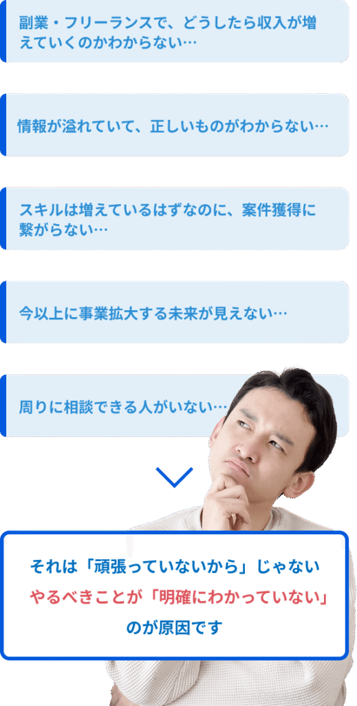 副業・フリーランスで、どうしたら収入が増えていくのかわからない…それは、「頑張っていないから」じゃない。やるべきことが「明確にわかっていない」のが原因です