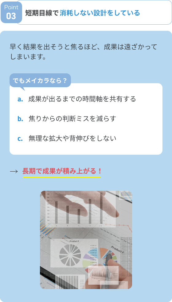 短期目線で消耗しない設計をしている。
早く結果を出そうと焦るほど、成果は遠ざかってしまいます。でもメイカラなら、成果が出るまでの時間軸を共有する。だから、長期で成果が積み上がる！