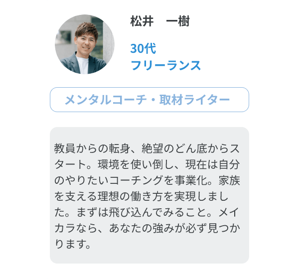 松井　一樹（30代、フリーランス/メンタルコーチ・取材ライター）
