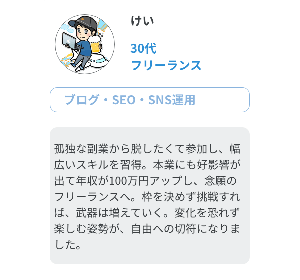 けい（30代、フリーランス/ブログ・SEO・SNS運用）