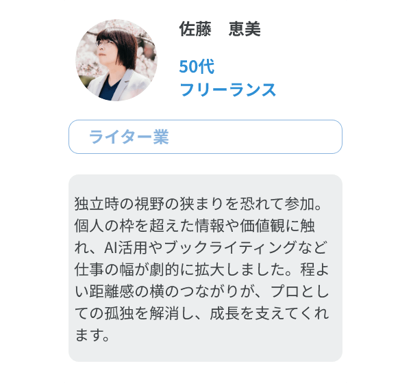 佐藤　恵美（50代、フリーランス/ライター業）