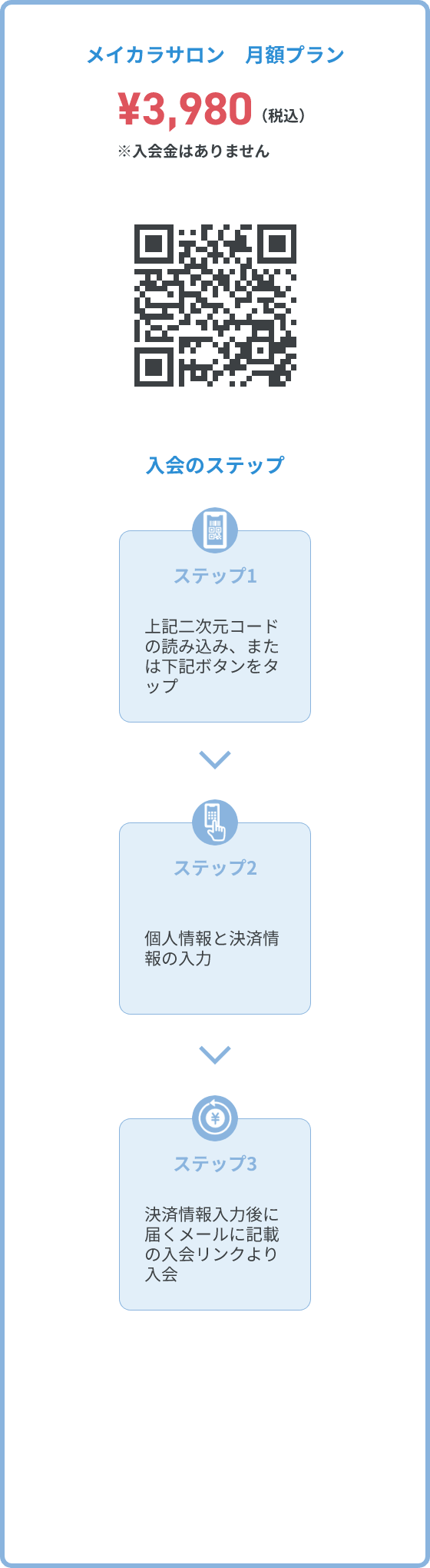 ステップ1:二次元コードの読み込み ステップ2:個人情報と決済情報の入力 ステップ3:決済情報入力後に届くメールに記載の入会リンクより入会