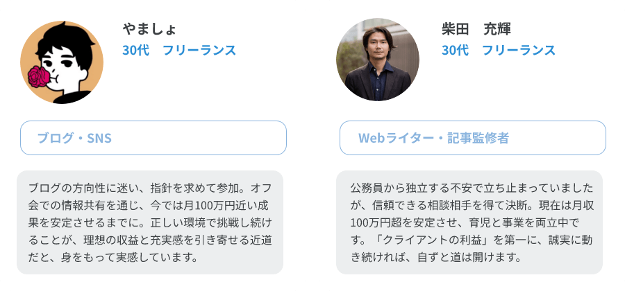 やましょ（30代、フリーランス/ブログ・SNS）、柴田　充輝（30代、フリーランス/Webライター・記事監修者）