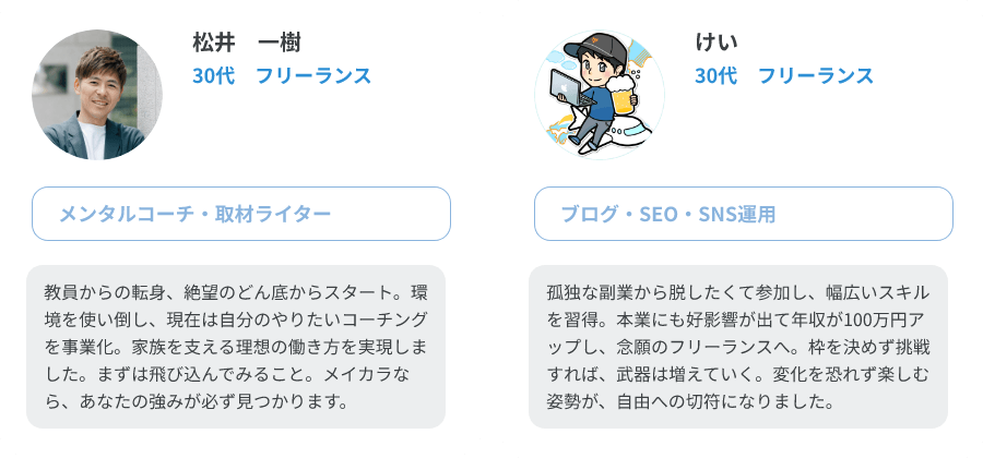 松井　一樹（30代、フリーランス/メンタルコーチ・取材ライター）、けい（30代、フリーランス/ブログ・SEO・SNS運用）