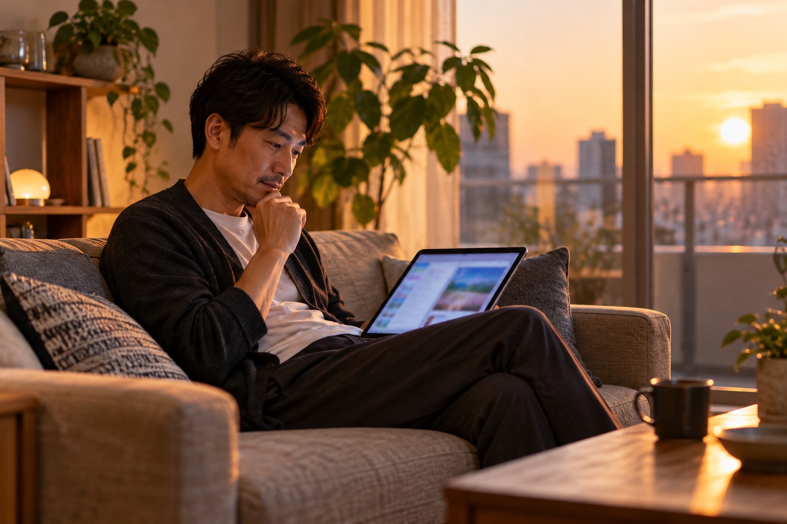 夕方のリビングのソファで、膝にのせたノートパソコンを見ながら考え込む40代のWeb系フリーランス