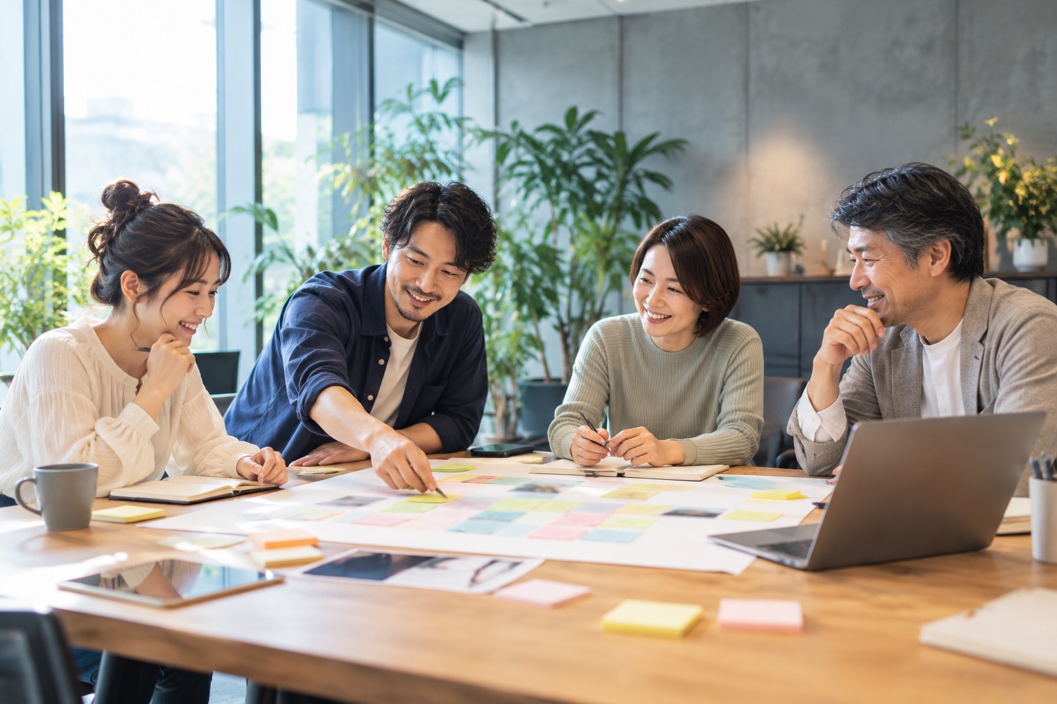 会議室のテーブルで、年代の違うフリーランス4人が付箋を見ながら仕事の分担を話し合う様子