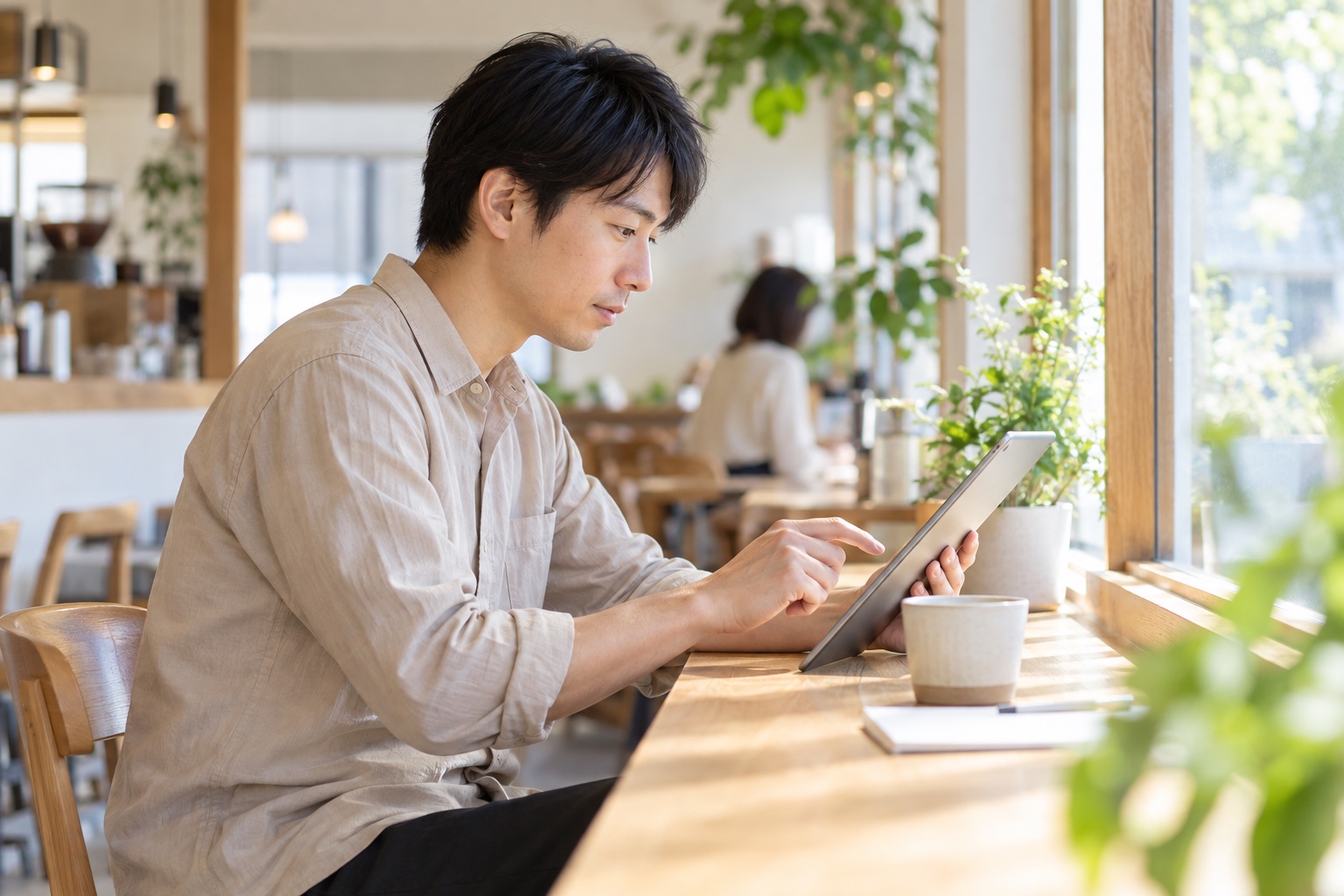 明るいカフェのカウンター席で、タブレットに映るAIの下書きを指でなぞりながら確かめる30代の男性ライター