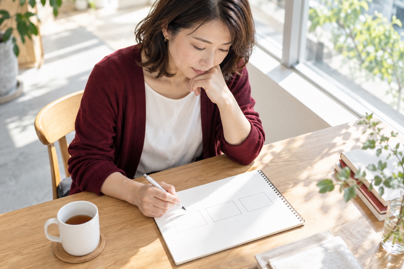 明るい窓際のテーブルで、ノートに3つの枠を書いて考えごとをする40代の女性ライター