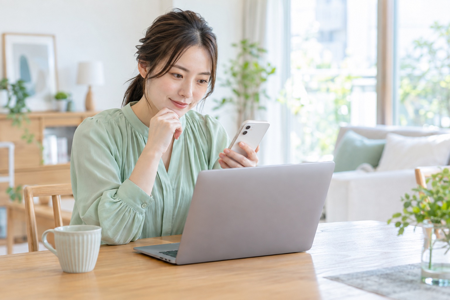 自宅の明るいリビングのダイニングテーブルで、ノートパソコンとスマホを並べて2つのAIの答えを見比べる20代後半の女性
