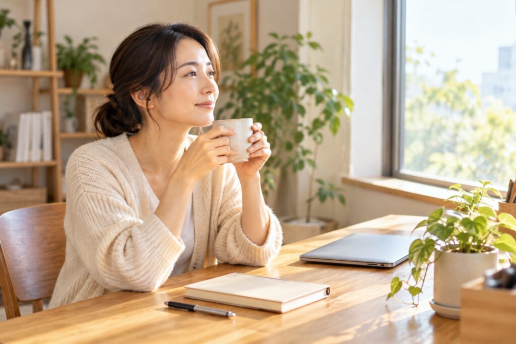 仕事をひと区切りして、閉じたノートパソコンの横でマグカップを手に一息つくフリーランス