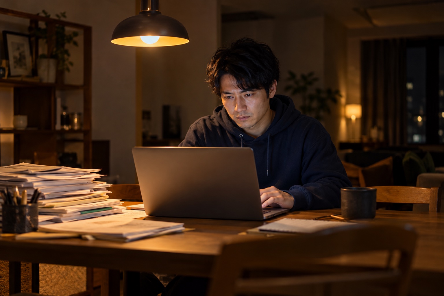深夜の自宅のダイニングで、積み上がった資料の横でノートパソコンに向かい、眉を寄せて作業を続ける30代男性のフリーランス