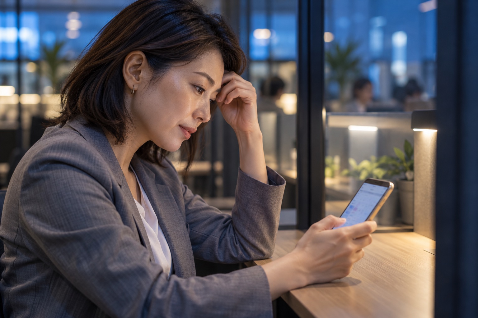 夕方のコワーキングスペースの個別ブースで、スマートフォンのカレンダーを見ながら片手で額を押さえる40代女性のフリーランス
