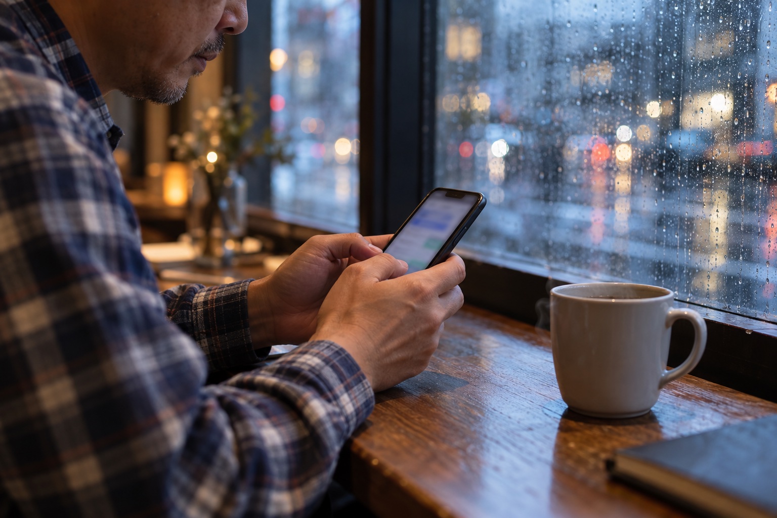 雨の午後のカフェの窓際で、マグカップを横に置き、スマートフォンでメッセージを打つ40代男性のフリーランスの手元