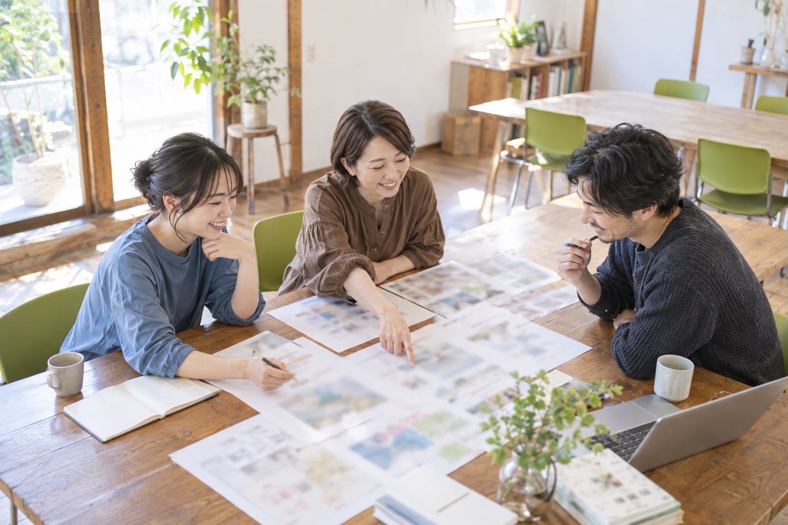 休日の朝、地域の集会所を改装した明るいワークスペースで、長机を囲み資料を広げて打ち合わせをする20代女性・40代女性・30代男性のフリーランス
