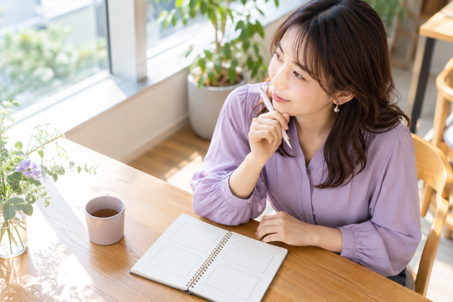 明るい窓際のテーブルで、4つの枠を書いたノートを前に仕事の入り口を考える30代の女性フリーランス