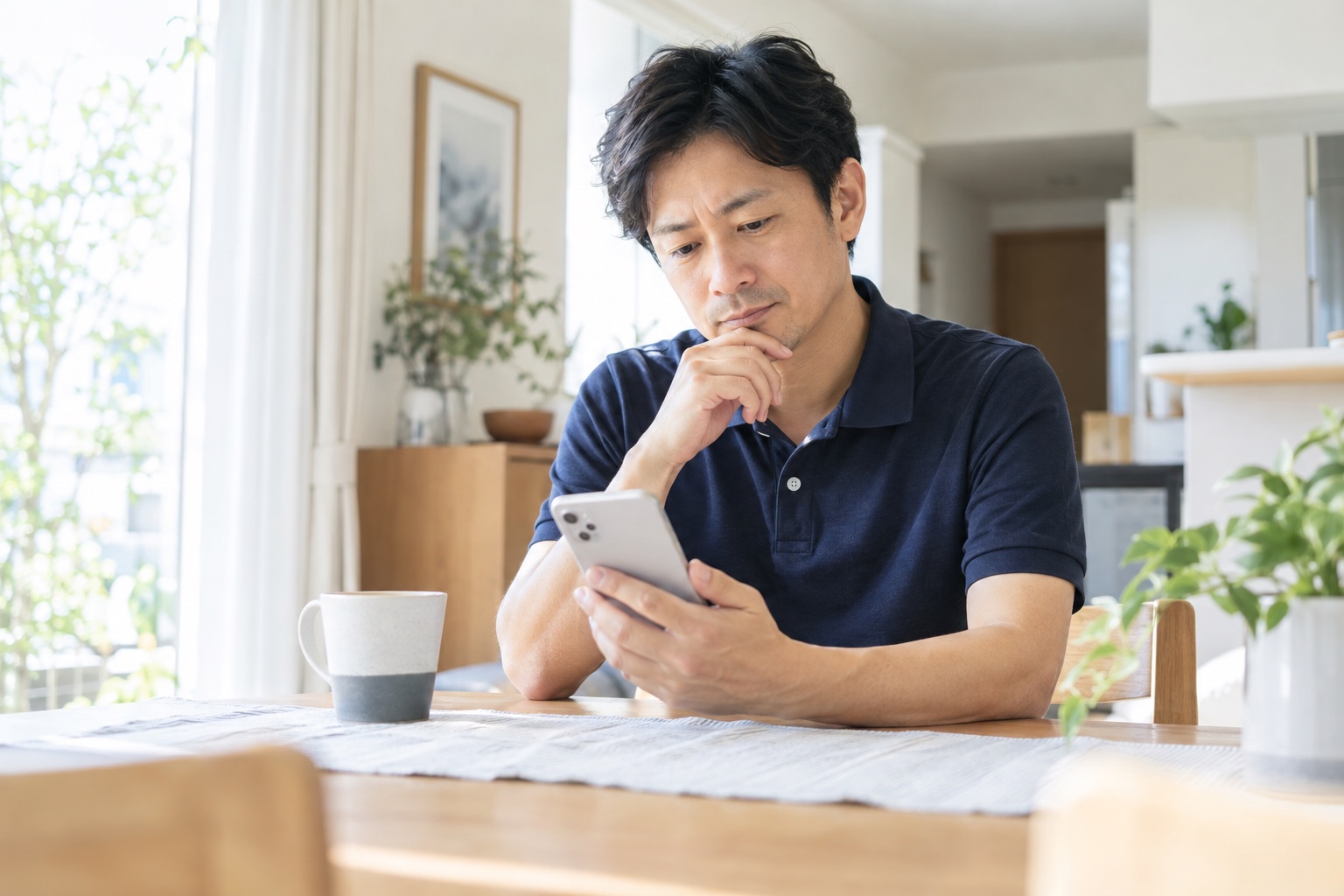 晴れた昼、自宅の明るいダイニングで、スマホの画面を見ながら送るメッセージを考え込む40代の男性フリーランス