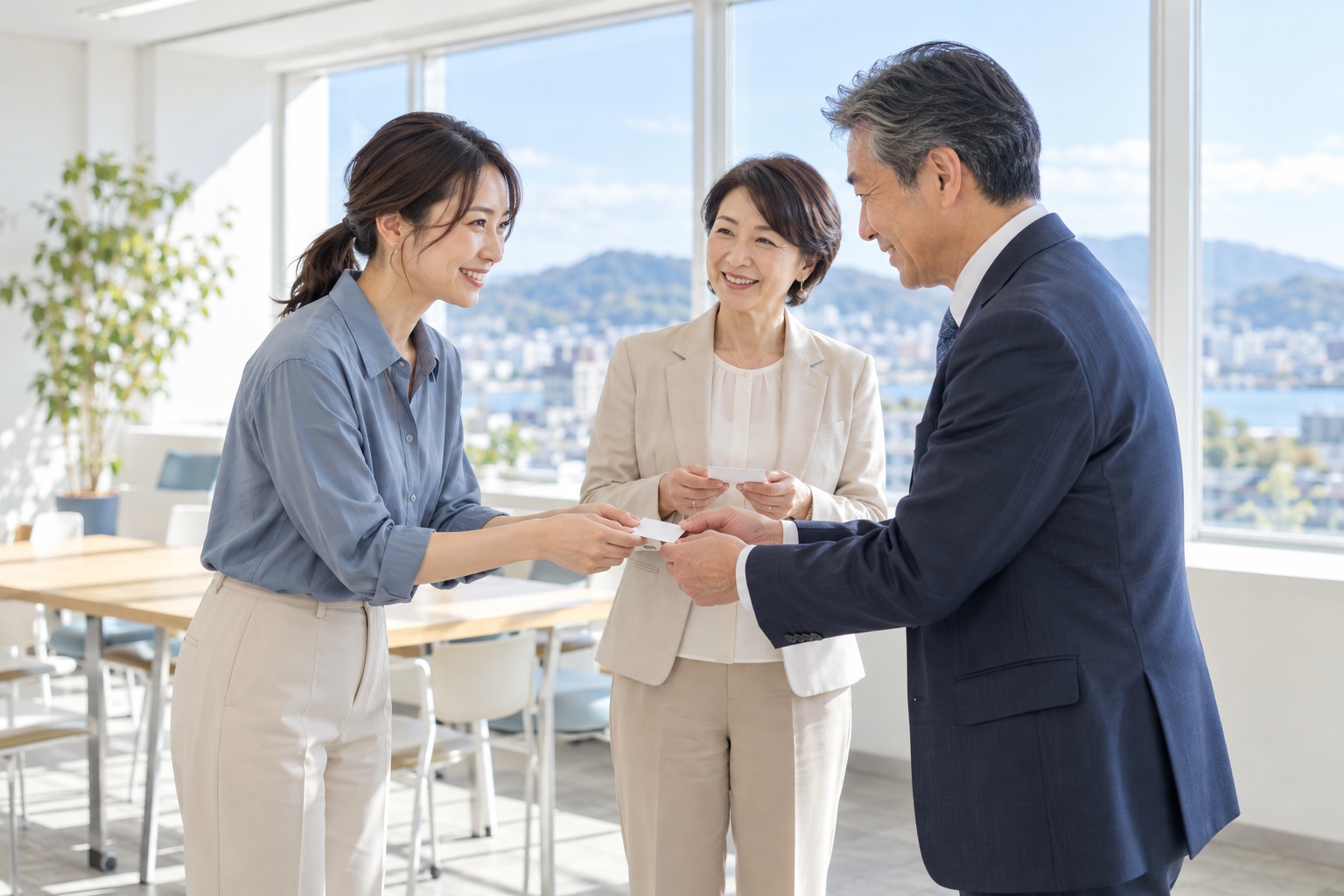 明るい会議室で、地元の経営者たちと笑顔で名刺を交換する30代の女性フリーランス
