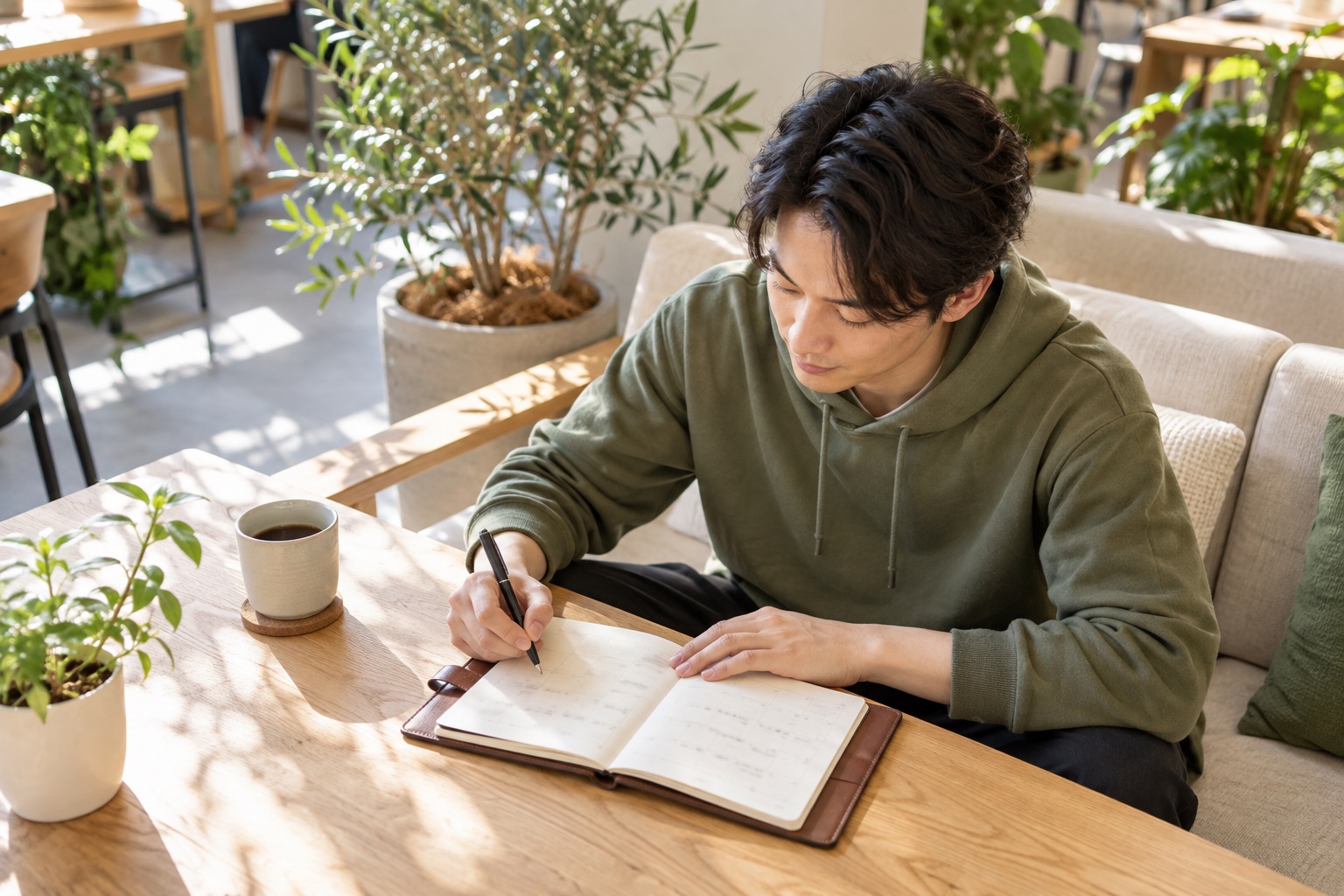 観葉植物の多いコワーキングスペースのソファ席で、手帳に取引先との予定を書き込む20代後半の男性フリーランス