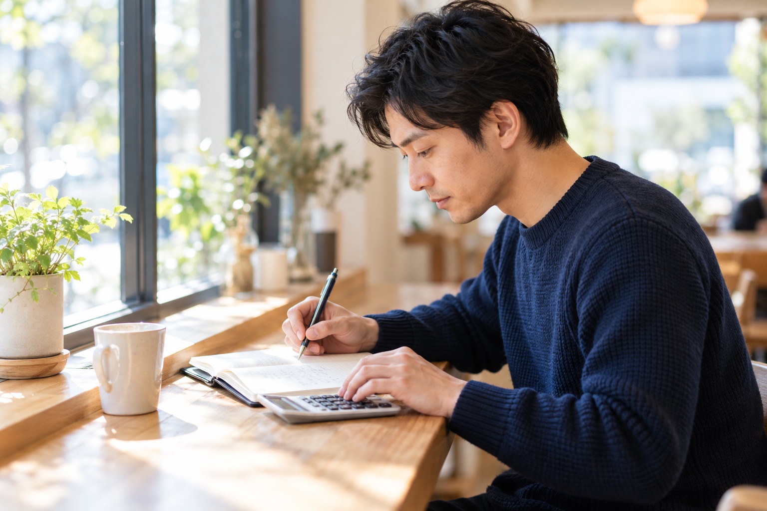 晴れた午前、明るいカフェのカウンター席で、手帳に数字を書き込みながら電卓をたたく30代の男性フリーランス
