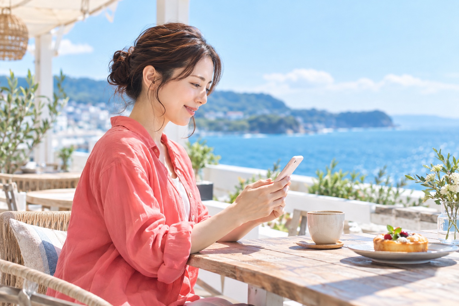 晴れた午前、海の見える明るいテラス席で、スマホでこれからの働き方を確かめながら穏やかにほほえむ30代の女性フリーランス