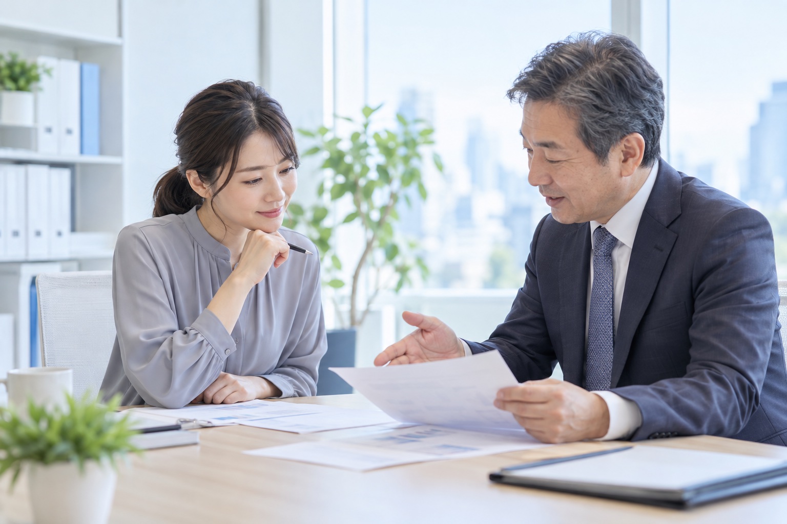 税理士事務所の打ち合わせ席で、資料を前に男性の税理士から法人化の目安の説明を聞く30代のフリーランス女性