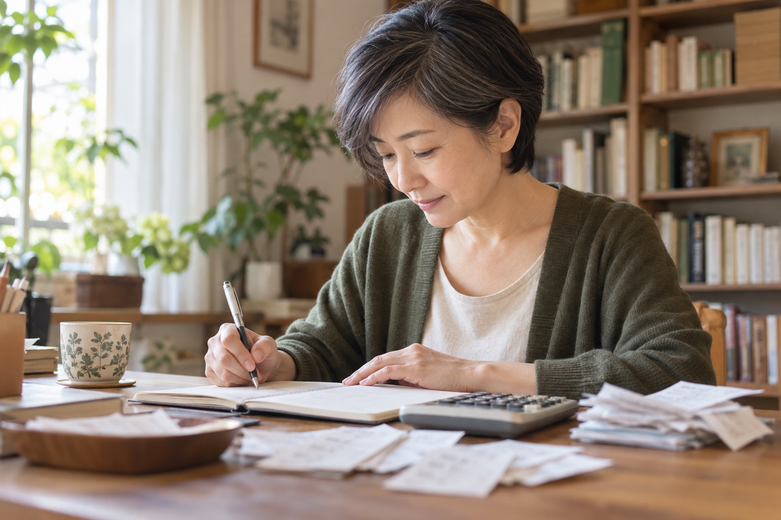 本棚のある自宅の書斎で、領収書と電卓を前にノートへ法人化にかかる費用を書き出す50代前半の女性フリーランス