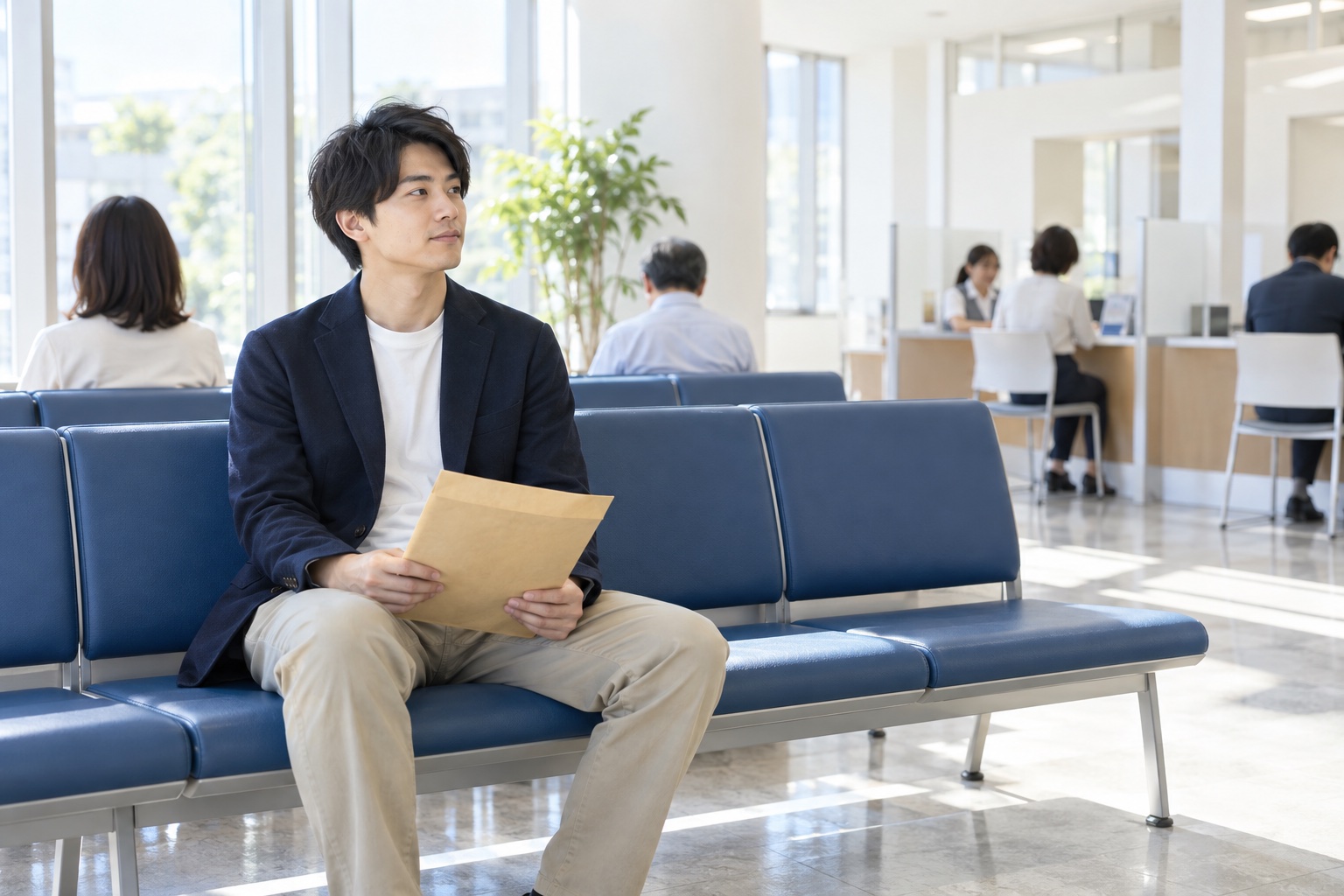 晴れた午前、役所の待合スペースで設立の届け出書類が入った封筒を手に順番を待つ20代後半の男性