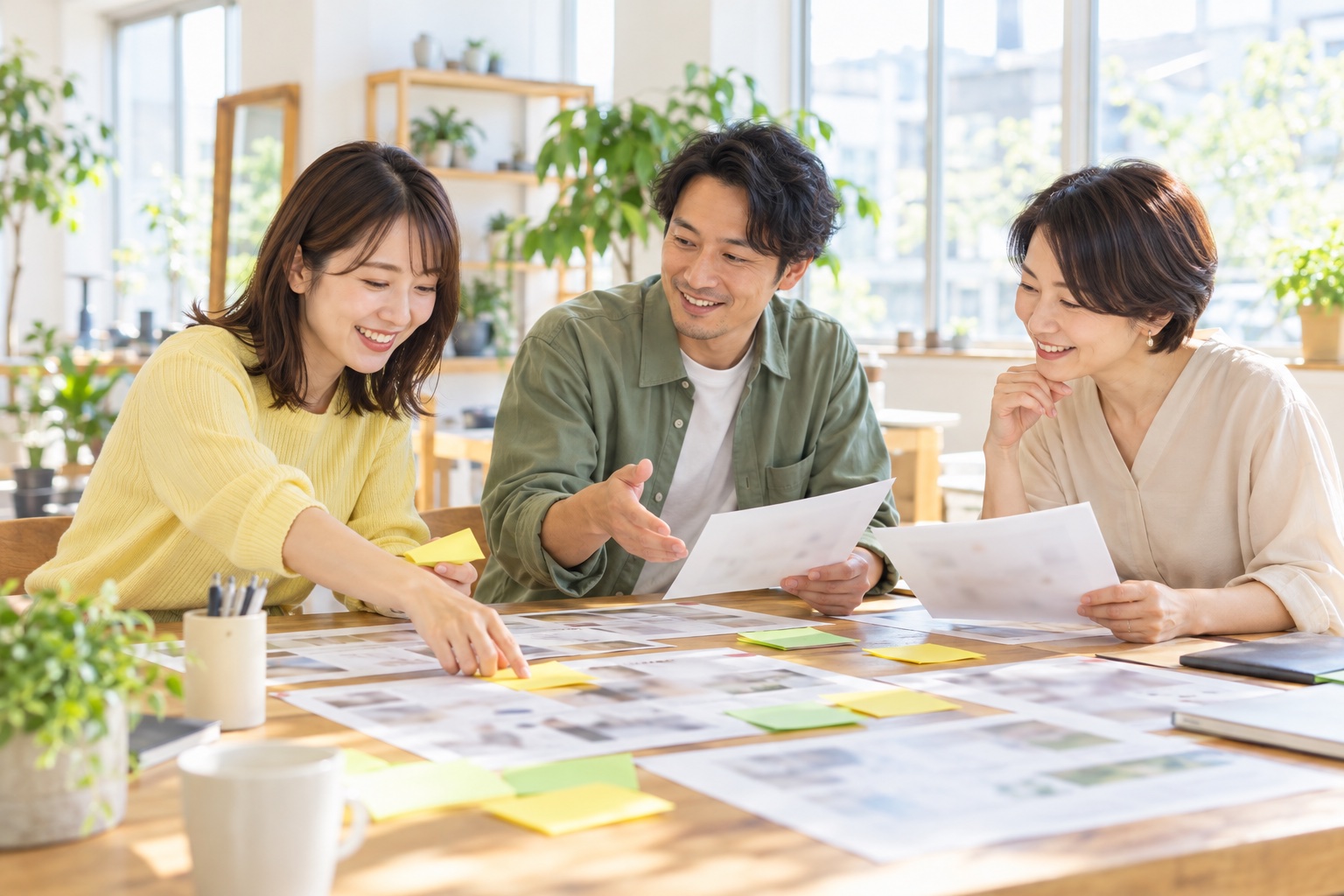 明るいシェアオフィスの大きなテーブルで、資料と付箋を広げて仕事の役割を分け合う3人のフリーランス仲間