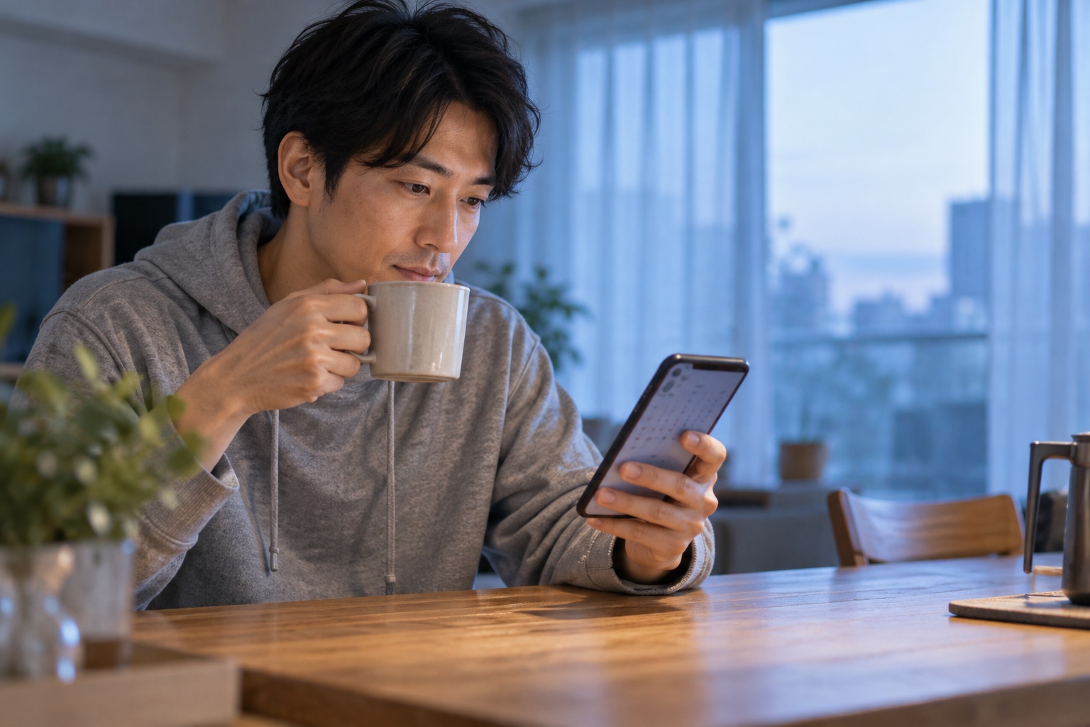 早朝のダイニングテーブルで、マグカップを手にスマートフォンのカレンダーで空き予定を確かめる30代男性のフリーランス