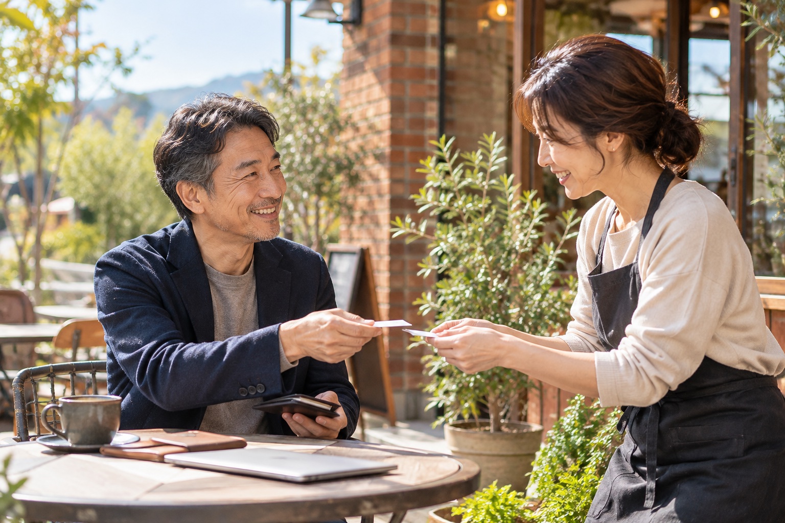 カフェのテラス席で、エプロン姿の店主と笑顔で名刺を交換する50代男性のフリーランス