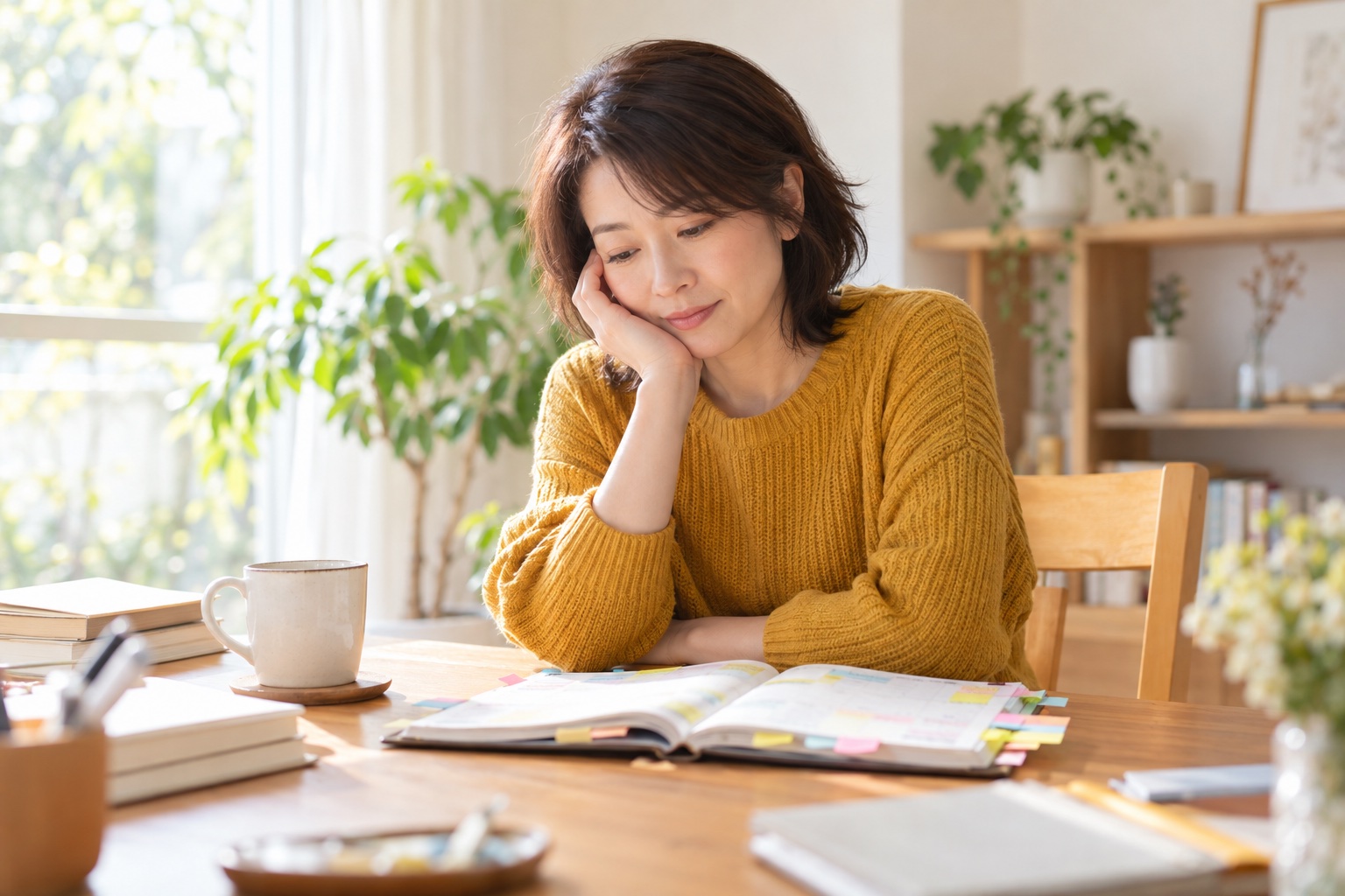 晴れた午前、自宅の明るい書斎で、付箋だらけのスケジュール帳を見ながら頬杖をつく40代の女性フリーランス