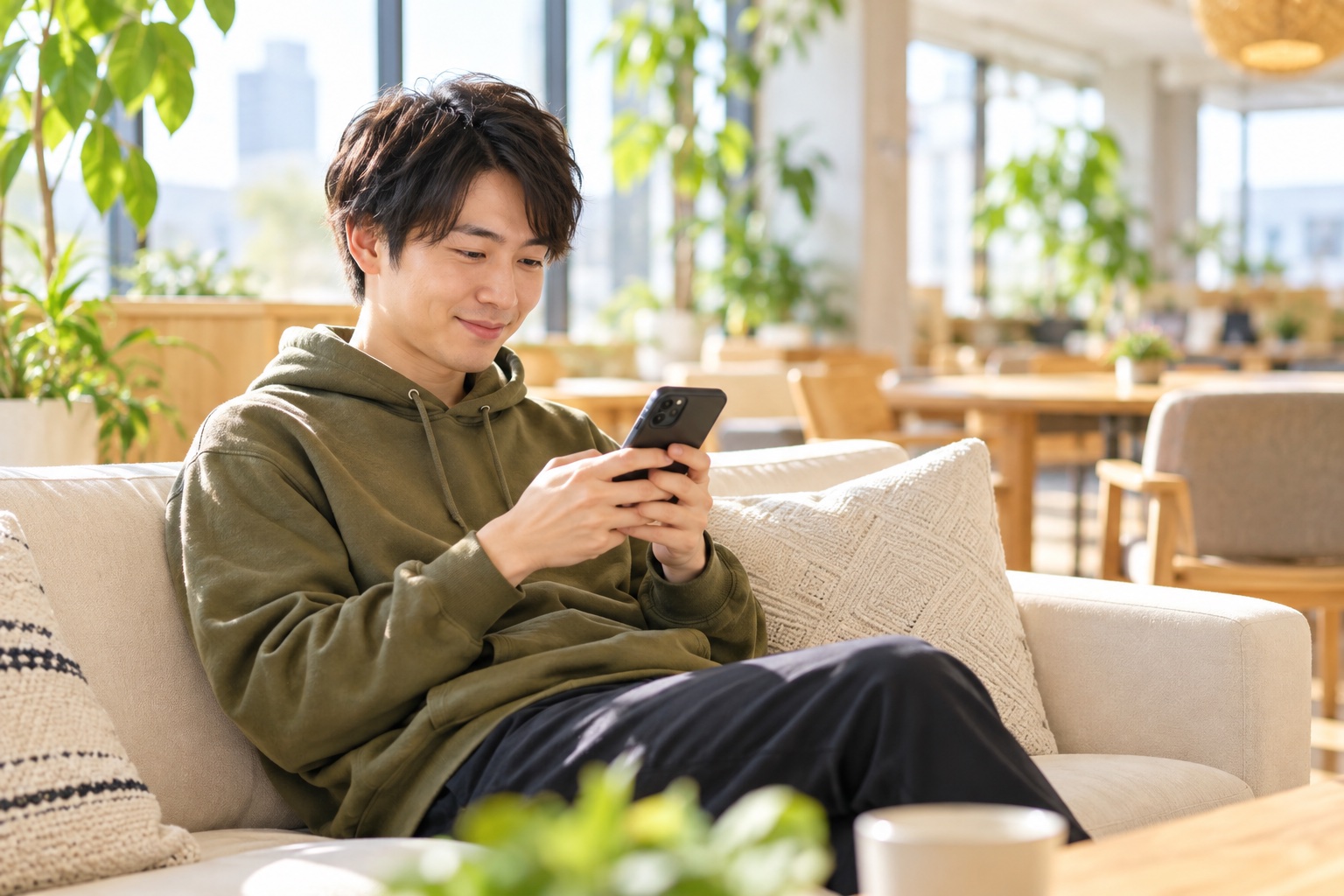 晴れた昼、明るいコワーキングスペースのソファ席で、スマホで仲間にメッセージを送る20代後半の男性フリーランス