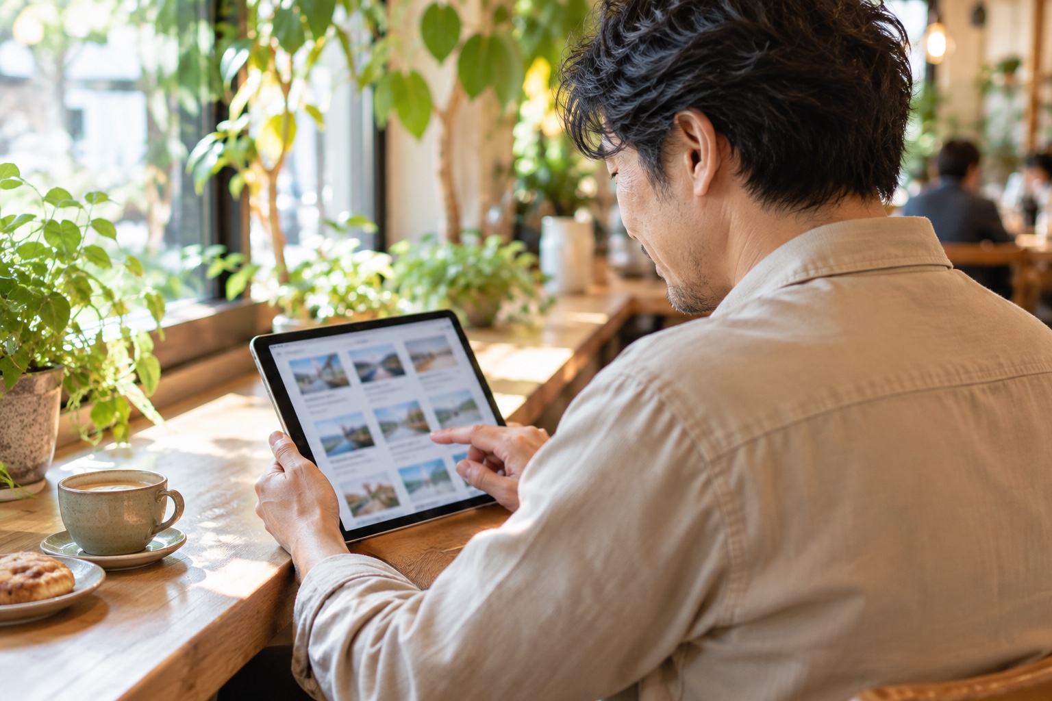 植物の多いカフェで、タブレットに並んだオンラインサロンの紹介ページを見比べる40代男性