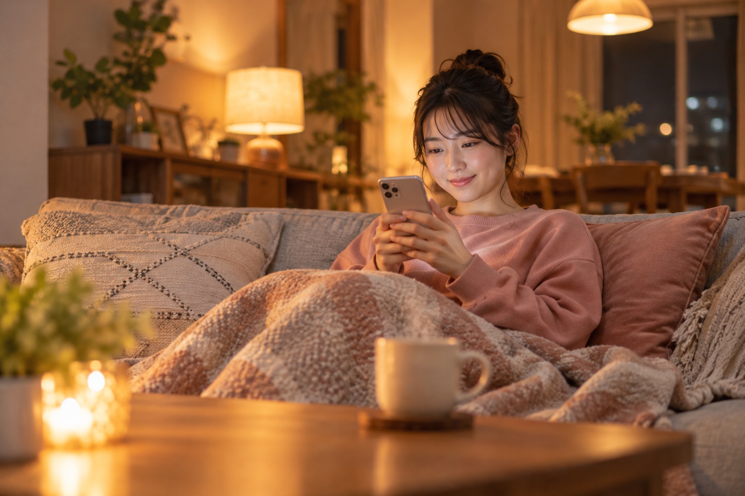 夜のリビングのソファで、ひざ掛けをしてスマートフォンでオンラインサロンを探す20代女性