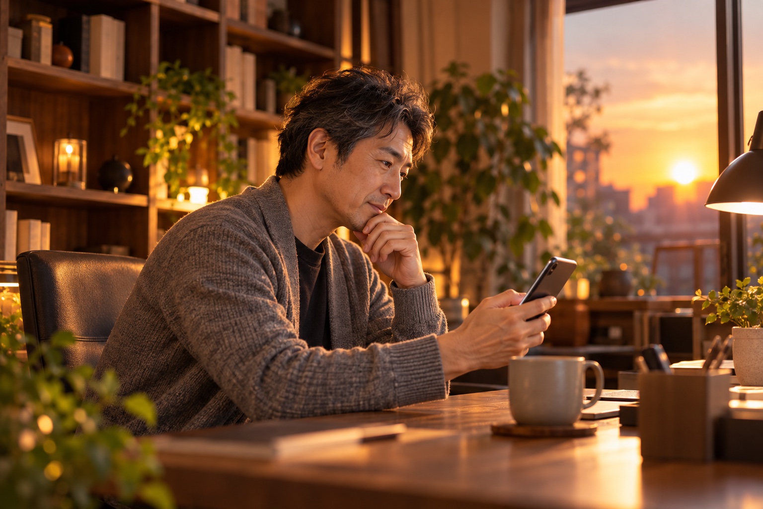 夕日が差し込む書斎で、スマートフォンに届いたサロンの勧誘をあごに手を当てて慎重に読む50代男性