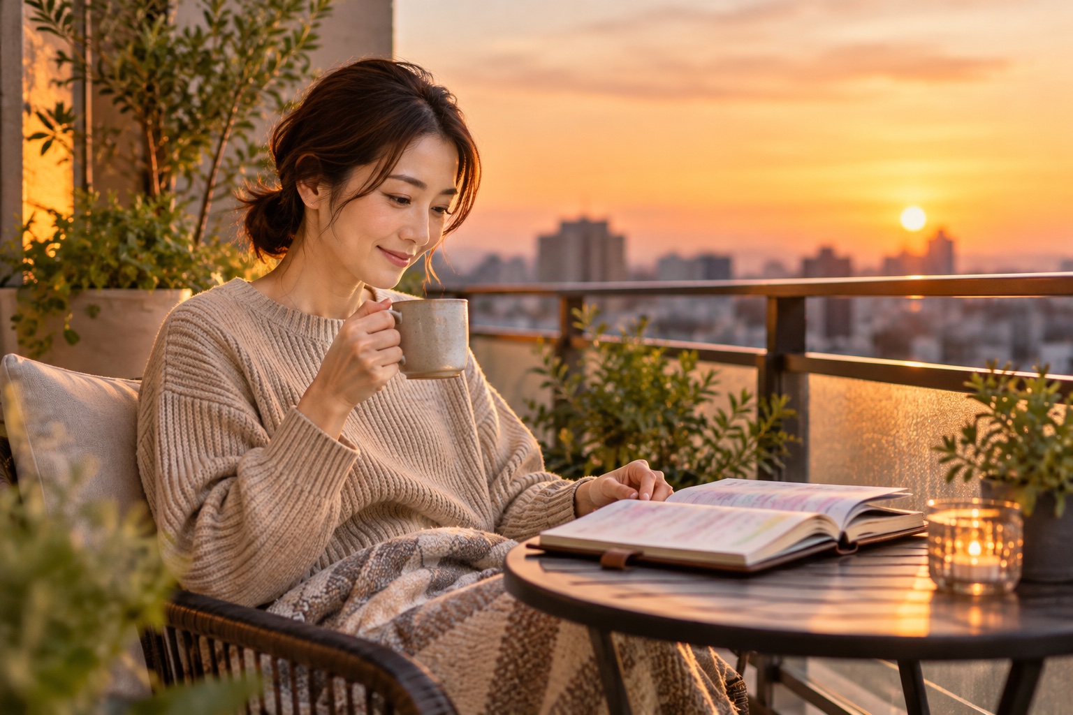夕方のベランダで、マグカップを手に手帳を見返して一息つく女性
