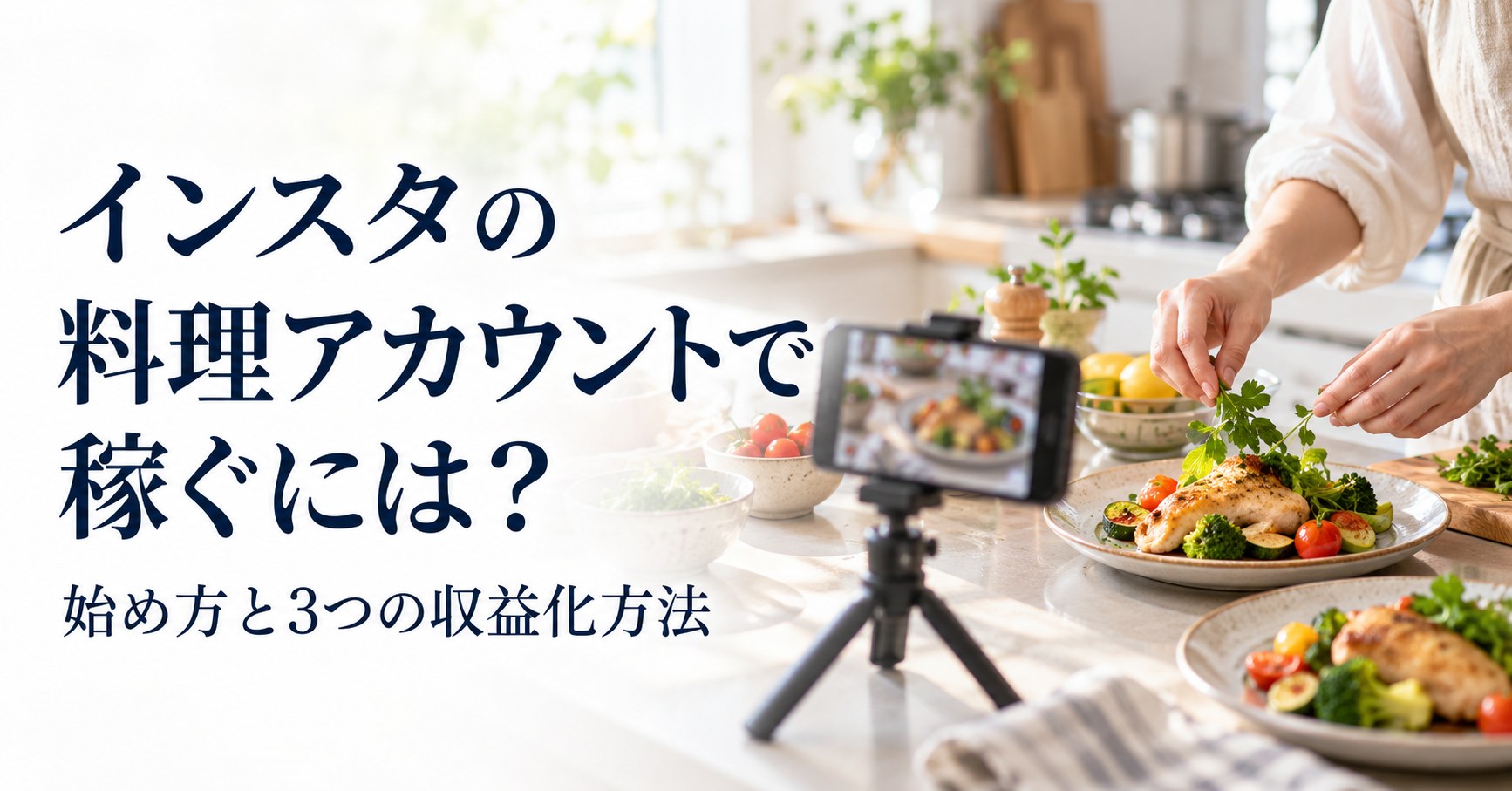料理の盛り付けをスマートフォンで撮影するイメージ。インスタ料理アカウントの始め方と3つの収益化方法