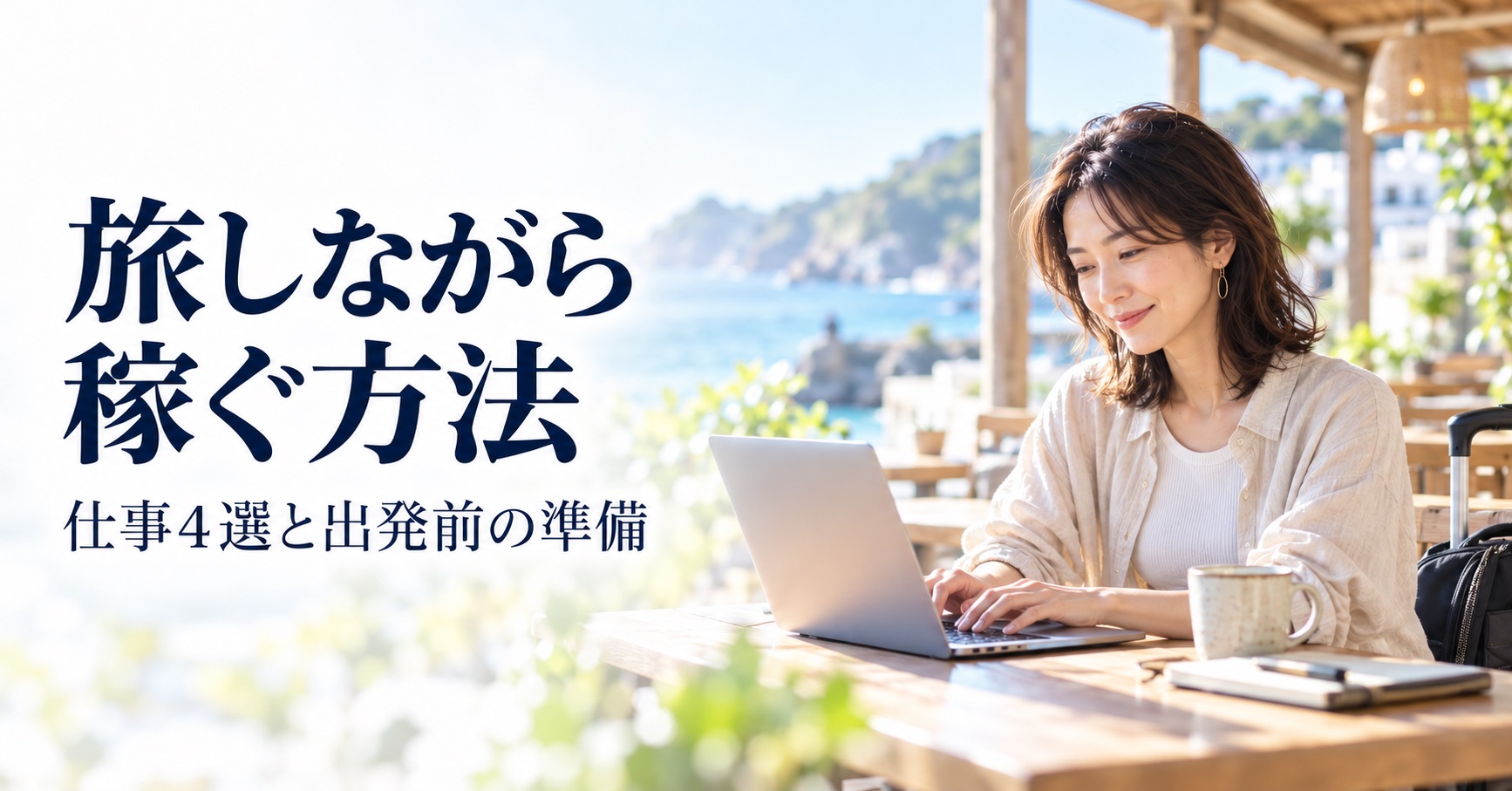 旅しながら稼ぐ方法｜海辺のテラスでパソコン作業をする女性と、仕事4選・出発前の準備