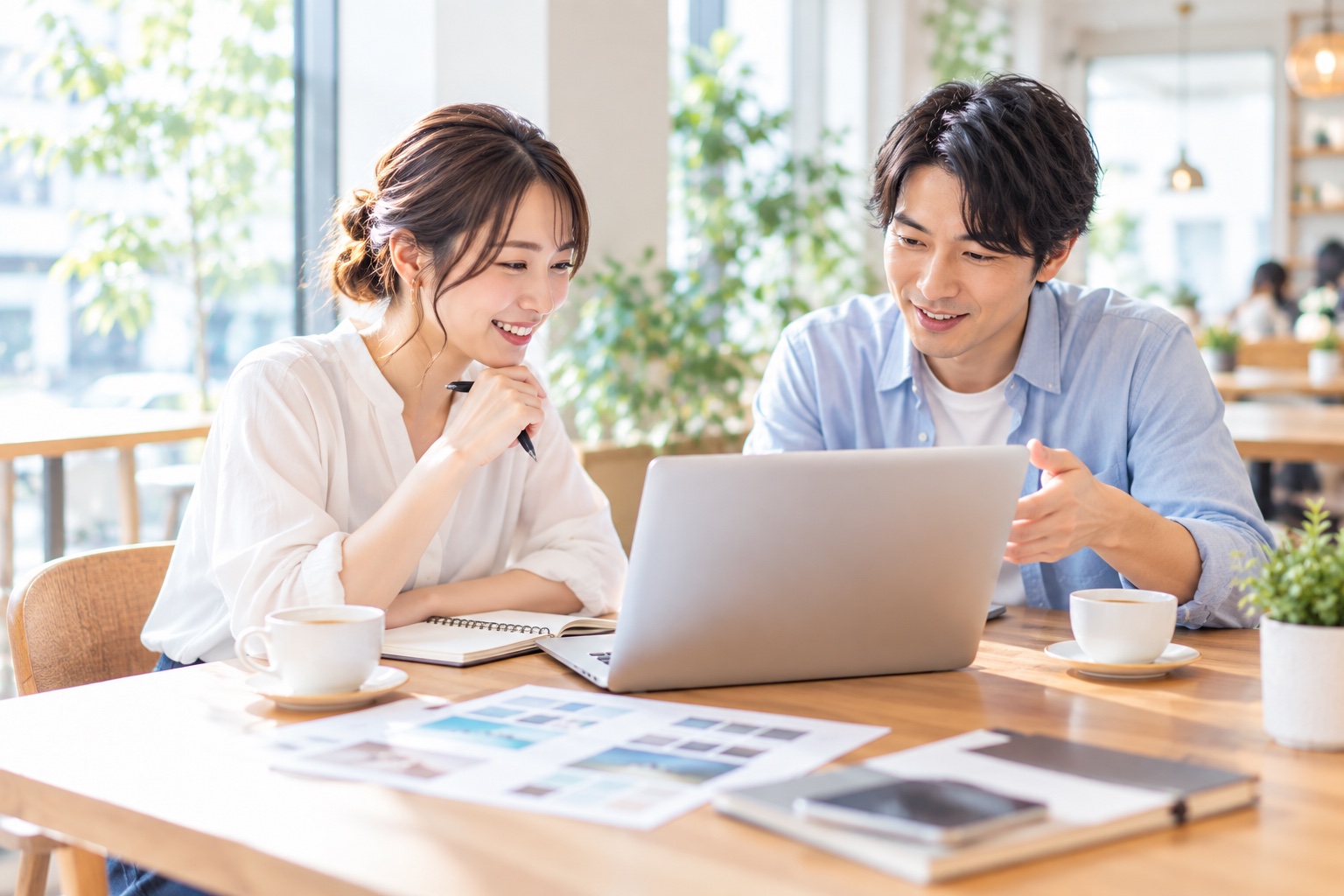 カフェのテーブルで、Webデザイナーとライターがノートパソコンを囲んで仕事の分担を話し合う様子