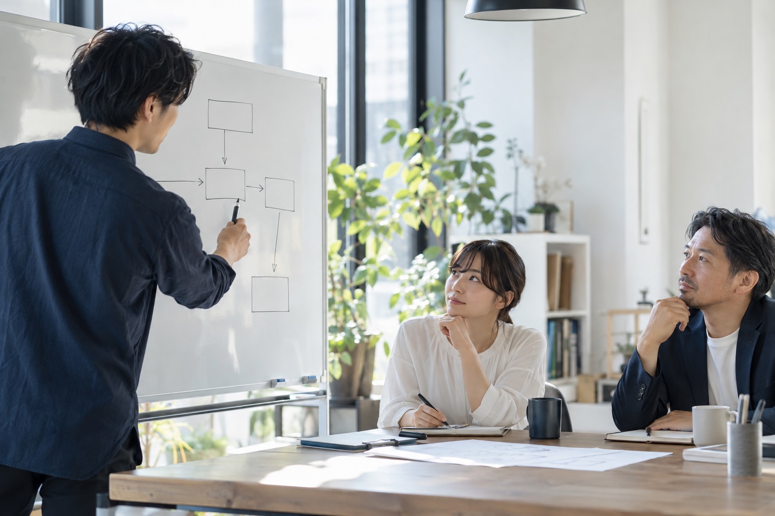 朝の制作会社の打ち合わせスペースで、ホワイトボードに描いたサイトの構成図を指しながら、ライターとデザイナーに説明する30代男性のWebディレクター