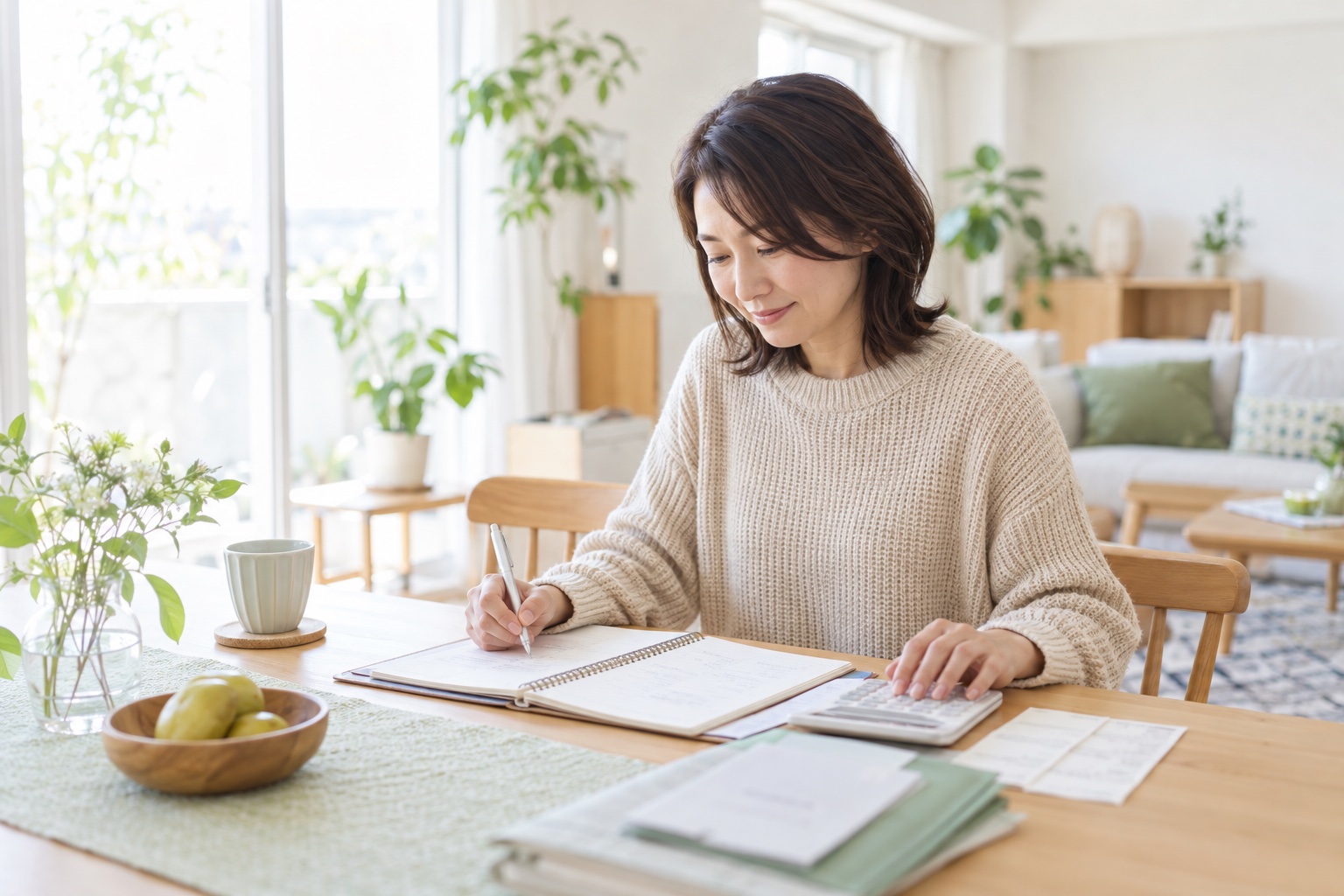 昼の明るい自宅のダイニングで、電卓をたたきながらノートに収入の見通しを書き込む40代女性のフリーランス