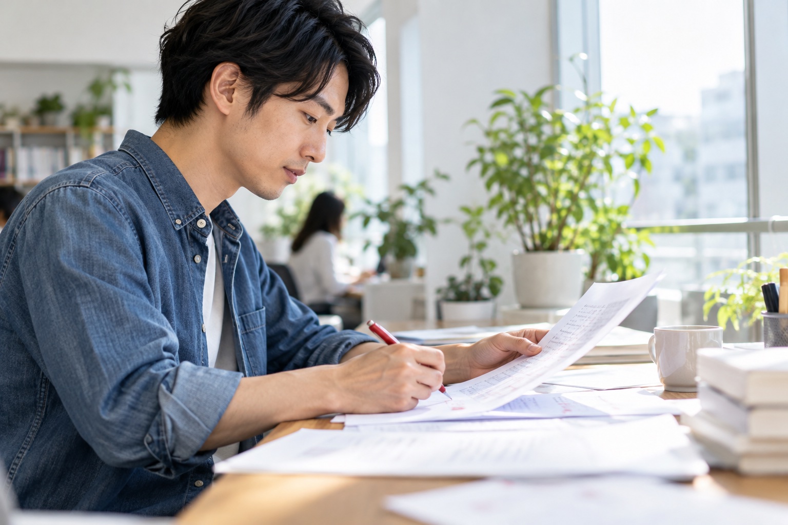 明るいシェアオフィスの窓際の席で、印刷した原稿に赤ペンで直しを入れるディレクターの20代後半の男性