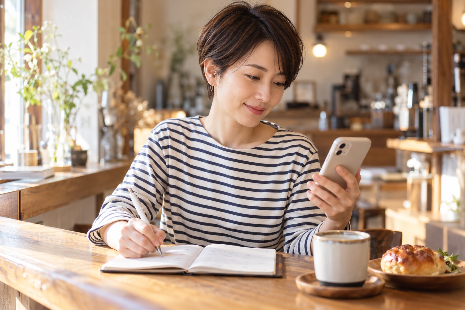 休日の朝、木のぬくもりのあるカフェのカウンター席で、手帳に今後の予定を書き出しながらスマートフォンでメッセージを確認する30代女性のフリーランス