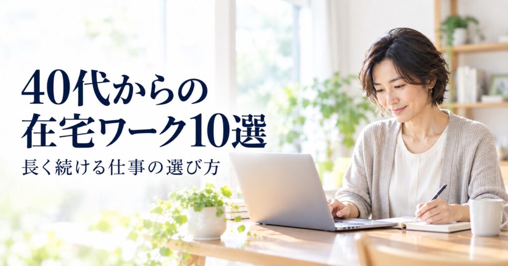 40代からの在宅ワーク10選｜明るい自宅でパソコンとノートを使って仕事をする女性